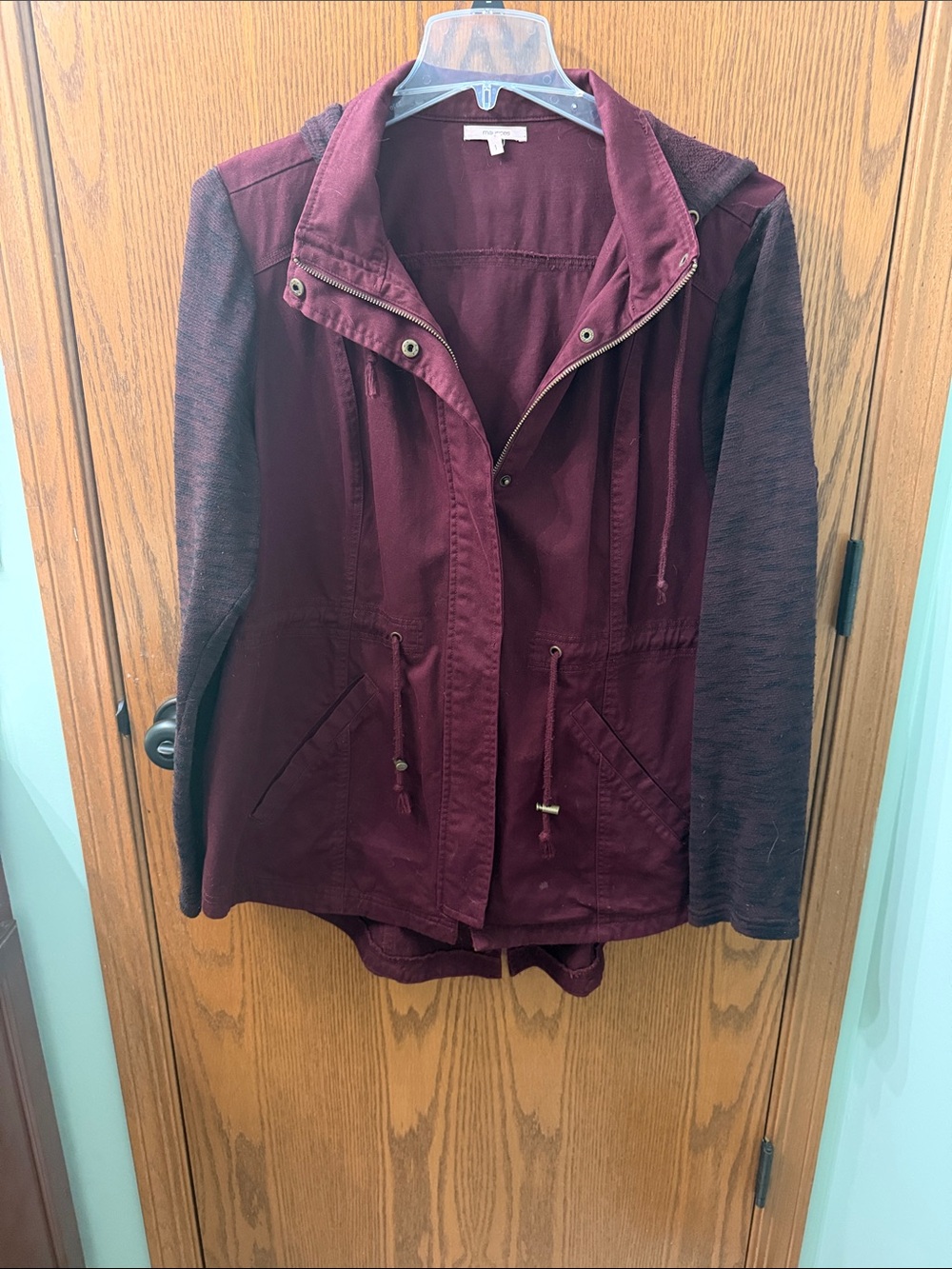 Maurices Burgundy Utility Jacket with Knit Contrast Sleeves